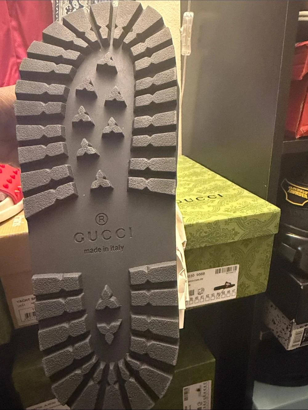 Gucci Men Black Slides with Red and Green Stripe Band